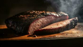 gegrillt Rindfleisch Filet, gekocht Selten Über Holz generiert durch ai foto