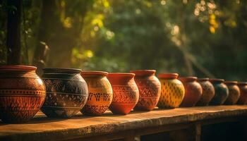 Steingut Keramik Vase mit Terrakotta Dekoration draußen generiert durch ai foto
