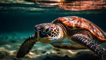 Grün Meer Schildkröte Schwimmen im tropisch Wasser generiert durch ai foto