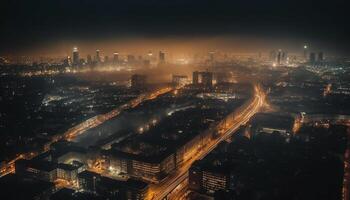 glühend Wolkenkratzer erleuchten das überfüllt Stadt Straßen unten generiert durch ai foto