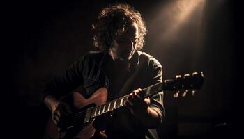 einer Musiker spielen Gitarre auf Bühne beim Nacht generiert durch ai foto