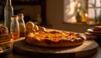 frisch gebacken Pizza auf rustikal hölzern Tabelle generiert durch ai foto