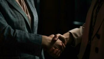 Geschäftsmann und Geschäftsfrau zittern Hände im Zustimmung generiert durch ai foto