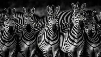 gestreift Zebra Herde im einfarbig Savanne Schönheit generiert durch ai foto