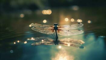 beschwingt Schmetterling Flügel spiegelt im still Teich generiert durch ai foto
