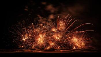 glühend Feuerwerk erleuchten das dunkel Sommer- Nacht generiert durch ai foto