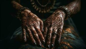 elegant Braut Henna tätowieren Vitrinen indisch Kultur generiert durch ai foto