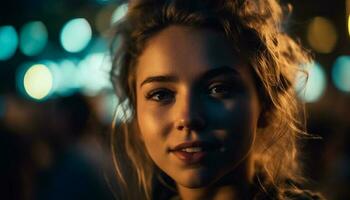 lächelnd jung Frau genießen Stadt Nachtleben draußen generiert durch ai foto
