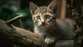 flauschige Kätzchen starren neugierig beim Kamera draußen generiert durch ai foto