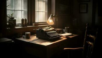 alt gestaltet Schreibmaschine auf Antiquität Schreibtisch weckt Nostalgie zum Literatur und Kreativität generiert durch ai foto