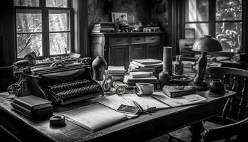 Antiquität Schreibmaschine auf alt gestaltet Schreibtisch im rustikal Bibliothek immer noch Leben generiert durch ai foto
