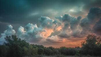 beschwingt Sonnenuntergang Himmel Über still ländlich Wiese generiert durch ai foto