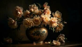 rustikal Vase hält aufwendig Strauß von frisch Blumen generiert durch ai foto