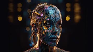 futuristisch Android Kopf, Roboter mit deutlich Mensch Gesichts- Merkmale. generativ ai foto