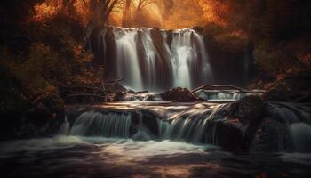 glatt Gras fließend Wasser, majestätisch Herbst Landschaft generiert durch ai foto