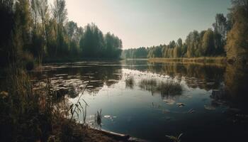 Herbst Blätter reflektieren still Schönheit im Natur Teich generiert durch ai foto