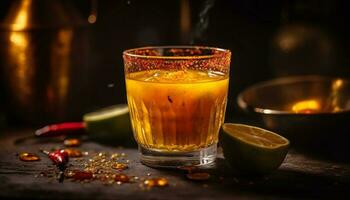 Gelb Cocktail im Trinken Glas auf dunkel Holz generiert durch ai foto