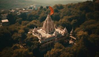 majestätisch Pagode oben auf uralt Berg, Spiritualität regiert generiert durch ai foto