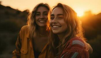 zwei jung Frauen Umarmen im von hinten beleuchtet Sonnenuntergang generiert durch ai foto