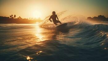 Surfen Silhouette, Sprühen Wellen, zurück zündete Sonnenuntergang generiert durch ai foto