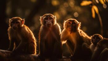 Makaken Familie Sitzung im tropisch Regenwald Sonnenuntergang generiert durch ai foto