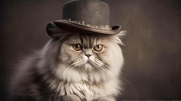 Katze im ein Bowler Hut, retro Stil, ai generiert, International Katze Tag Karte Idee. foto