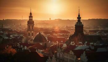Sonnenuntergang leuchtet berühmt Stadt Horizont, Reich im Geschichte generiert durch ai foto