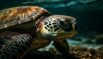 schließen oben von gefährdet Meer Schildkröte Schwimmen unter Wasser generiert durch ai foto