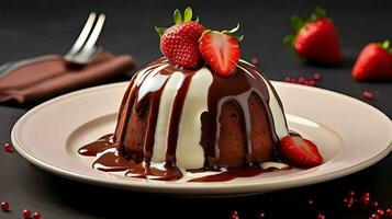Schokolade Pudding mit Erdbeere Garnierung auf Teller ai Bild generativ foto