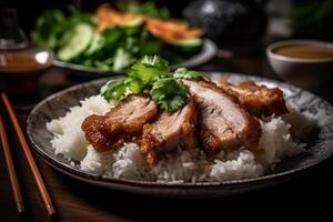 Reis mit geröstet Schweinefleisch und Soße auf ein dunkel Hintergrund. ai generiert. foto