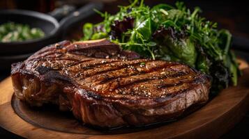 gegrillt Rindfleisch Steak mit Rucola und Salat auf hölzern Tafel. ai generiert. foto