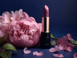 schön Rosa Lippenstift mit Blau Luxus Fall und Rosa Blumen. generativ ai foto