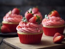 hausgemacht Rosa Süss Cupcake mit Erdbeeren. generativ ai foto