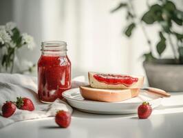 Toast mit Erdbeere Marmelade zum Frühstück auf Weiß Tisch. generativ ai foto