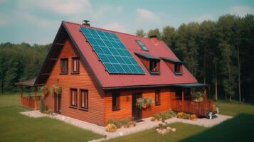 Alternative Grün Energie, Solar- Paneele auf das Dach oben von das Haus. generativ ai. foto