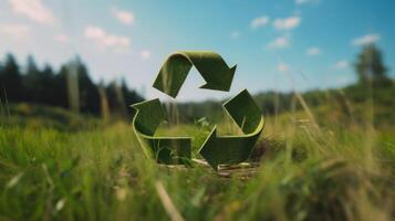 recyceln Symbol auf das Grün Gras, nachhaltig und Öko Umgebung Konzept. generativ ai foto