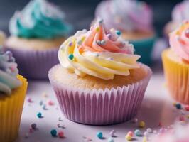 festlich Cupcake Glasur oben mit Sträusel. generativ ai foto