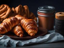 frisch gebacken Croissants auf ein braun Teller und ein Tasse von Kaffee, generativ ai foto