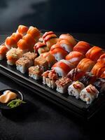 ein Tablett von sortiert Sushi. generativ ai foto