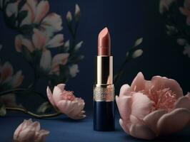 schön Rosa Lippenstift mit Blau Luxus Fall und Rosa Blumen. generativ ai foto
