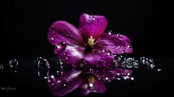 schließen oben von violett Blume mit Tropfen von Wasser. generativ ai foto