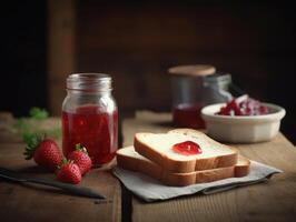 Toast mit Erdbeere Marmelade zum Frühstück auf hölzern Tisch. generativ ai foto