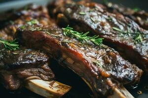 saftig Rippen Grill serviert mit Grün Gewürze. Sommer- Grill Mahlzeit mit lecker frisch Fleisch auf das Rippe Knochen. generiert ai. foto