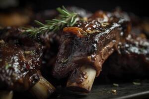 saftig Rippen Grill serviert mit Grün Gewürze. Sommer- Grill Mahlzeit mit lecker frisch Fleisch auf das Rippe Knochen. generiert ai. foto