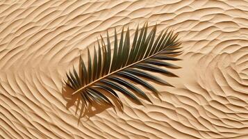 plam Blatt auf das tropisch Strand Sand. Ferien und Entspannung Konzept mit trocken Palme Blatt auf das heiß Sommer- Strand. generiert ai. foto