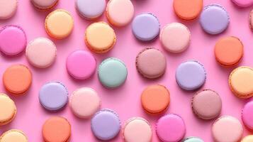 bunt sortiert Macarons auf ein Pastell- Rosa Hintergrund, ai generiert foto