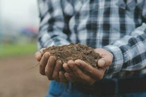 männlich Hände berühren Boden auf das Feld. ein Farmer prüft Qualität von Boden Vor Aussaat. Landwirtschaft, Gartenarbeit oder Ökologie Konzept. foto