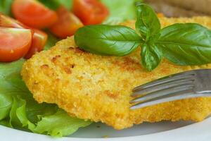 Hähnchen Schnitzel mit Kirsche Tomaten und Grün Salat Blätter. foto