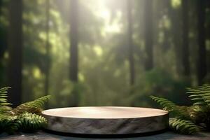 3d machen Natur Produkt Anzeige Podium mit Wald Hintergrund foto