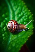 wenig Schnecke im das Garten auf ein Grün Blatt. ai generiert foto